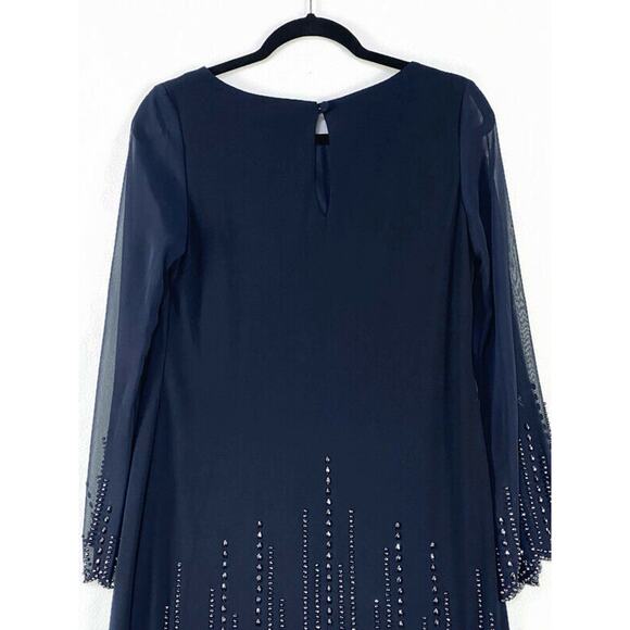 Xscape Evening Dress Women's 6 Blue With Silver Accent Mesh Sleeves Knee Length - Picture 3 of 10